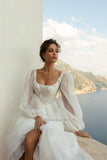 Strapless A-Line Wedding Dresses Long Puff Sleeves Beading Lace Appliques Princess Bridal Gowns