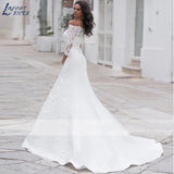 NICEB Sexy Boat Neck Mermaid Wedding Dress 3/4 Lace Sleeves robe de mariée Off Shoulder Appliques Buttons Bridal Gown