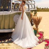 V-Neck Lace Wedding Dress 2023 A-Line Appliques Elegant Sleeveless Bride Dress Backless Zipper Pleats Vestido De Novia