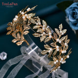 Alloy Leaf Tiara for Woman Pearls Bridal Headband Wedding Hair Accessories Handmade Girl Headpiece with Organza HP353