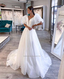 Deep V-Neck A-Line Wedding Dresses Puffy Sleeves Princess Bridal Gowns Plus Size Custom Made