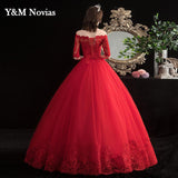 Boat Neck Vestido De Noiva 2023 New Red Wedding Dress with Sleeve Lace UP Appliques Plus Size Simple Bride Ball Gown