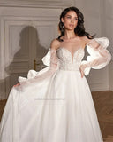 Sweetheart Beach A-Line Wedding Dresses Long Puff Sleeves Lace Appliques Bridal Gowns Vestido De Noiva
