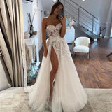 Wedding Dresses Women's Sweetheart A-line Lace Decal Tulle Side High Split Princess Bridal Gowns Sleeveless Robe Vestid
