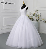 Novias Classic V Neck Sleeveless Wedding Dress 2023 Plus Size New A Line Ivory White Lace Romantic Bride Bridal Gown botton