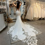 Ivory Boho Lace V-neck Wedding Dresses Spaghetti Straps Mermaid Bridal Dress Appliqued Lace Backless Wedding Gowns 2023
