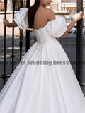 Women's Bridal Dresses Satin Pleated Sexy Off Shoulder Bubble Sleeve Removable Princess Prom Wedding Welcome Guest Gowns
