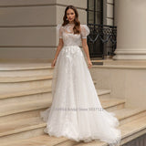 O-Neck A-line Wedding Dresses Puff Sleeve Flower Open Back Floor Length Appliques Bridal Gown Vestidos De Novia