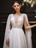 Elegant Detachable Cape Sleeves Appliques O-Neck Wedding Dress A-Line Backless Long Sweep Train Robe De Mariée Custom Made