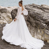 Elegant White A-Line Wedding Dresses Puff Sleeve V-Neck Bridal Gowns Boho Beach Lace High Split Wedding Prom Gowns Plus Size