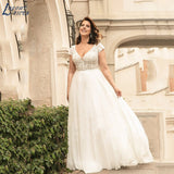 NICEB Plus Size Wedding Dresses Classic Cap Sleeves Bride Gowns Chiffon Lace Appliques V-Neck A-Line Vestido De Noiva