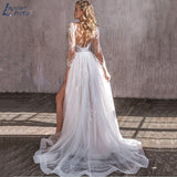 NICEB Luxury Appliques Wedding Dress Boho Mermaid Detachable Train Side Split Three Quarter Sleeves Bride Gown Illusion