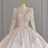 New Sexy Backless Wedding Dresses Long Sleeve Satin V-neck Ball Gown Wedding Gowns Lace Bridal Dress Vestido De Noiva
