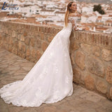 NICEB Boat Neck Appliques Wedding Dress For Women Buttons Lace Vestidos De Noiva Mariage Boho Long Sleeves Bridal Gown