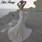 Sleeveless Wedding Dress Lace Appliques Deep V-Neck Sexy Mermaid Bride Gown Zipper Button Court Train Vestidos De Noiva