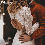 Long Sleeves Floral Lace V Neck Boho Wedding Dress Deep V Neck Open Back Modest Rustic Civil Bridal Gown