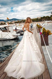 Applique 3D Flowers Backless Wedding Dresses Off the Shoulder V-neck Straps Court Train Tulle Bridal Gowns