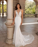 Appliques Deep V-Neck Mermaid Wedding Dresses Sleeveless Backless With Long Train 2023 Elegant Bride Gown For Women