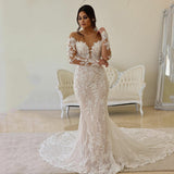 Lace Wedding Dress Mermaid Illusion Corset Vestido De Noiva Long Sleeve Sheer Off Shoulder Appliqué Bridal Dress 2023 Robe