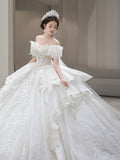 New Luxury Off The Shoulder Wedding Dress Lace Applique Boat Neck Bridal Dress Ball Gown Vestido De Noiva With A Big Tail
