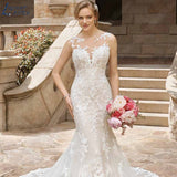 NICEB Sleeveless Appliques Wedding Dress With Detachable Tulle Train O-neck Lace vestido noiva boho For Bride Custom Made