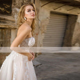 Vintage Champagne Tulle Wedding Dress Princess A-Line Lace Appliques Sweetheart Neck Strapless Backless Bridal Gown 2023