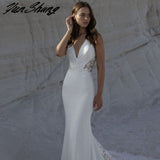 Sleeveless Wedding Dress Lace Appliques Deep V-Neck Sexy Mermaid Bride Gown Zipper Button Court Train Vestidos De Noiva