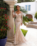 Lace Appliqué Mermaid Wedding Dresses For Women Long Sleeve V-Neck Sexy Open Back Sweep Train Bridal Gown Vestidos De Noiva