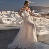 Lace Appliques A-Line Sweetheart Wedding Dresses 2023 Off The Shoulder Backless Tulle Beach Bridal Gown Sweep Train