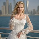 Tulle Wedding Dresses 2023 A-Line Sheer O-Neck Lantern Long Sleeve Appliques Beach Bridal Gown Lace-Up Floor Length