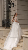 O-Neck A-line Wedding Dresses Puff Sleeve Flower Open Back Floor Length Appliques Bridal Gown Vestidos De Novia