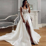 Ladies Wedding Dress Lace Applique Beach Bridal Dress Satin Elegant Princess Robe Open Back Spaghetti Straps 2023 Side