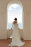 Strapless A-Line Wedding Dresses Long Puff Sleeves Beading Lace Appliques Princess Bridal Gowns