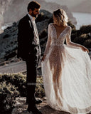 V- Neck Sequins Wedding Dresses Long Sleeves Floor Length Backless Bridal Gowns Robe De Marié