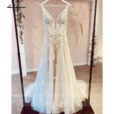 V Neck Lace Appliques Wedding Dresses Champagne Bridal Gowns A Line Wedding Gown estido de noiva praiano