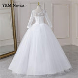 Video Cheap Luxury Pearls Ball Gowns O-Neck Off White Tulle Bridal Dress For Wedding Dresses with Sleeve Plus Size Custome