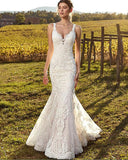 V-Neck Wedding Dress Mermaid For Bride Sexy Sleeveless Lace Bride Gown Buttons Pleats Illusion Back Vestido De Novia