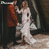 Long Sleeves Floral Lace V Neck Boho Wedding Dress Deep V Neck Open Back Modest Rustic Civil Bridal Gown