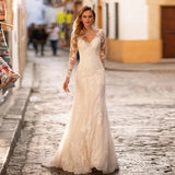 Long Sleeve Lace Mermaid Wedding Dresses Gorgeous V-Neck Tulle Bridal Gown For Women With Button Back Sweep Train Customize