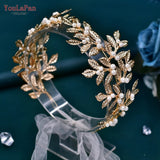 Alloy Leaf Tiara for Woman Pearls Bridal Headband Wedding Hair Accessories Handmade Girl Headpiece with Organza HP353