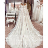 Vintage Champagne Tulle Wedding Dress 2023 A-Line Lace Appliques V Neck Backless Bridal Gown abito da sposa