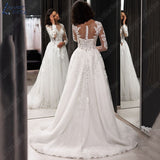 NICEB Illusion Lace Long Sleeves Wedding Dress Appliques Buttons Back Vestidos De Noiva Mariage Tulle A Line Custom Made