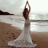 Bohemian Spaghetti Straps Sleeveless Beach Wedding Dress For Women 2023 V-Neck Pattern Sexy Beach Illusion Bridal Gown