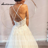 Straps Beach Lace Wedding Dresses Appliques Lace A-Line White Bride Dress Princess Wedding Gown Backless Robe de marie