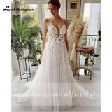 Vintage Beach Wedding Dresses Spaghetti Tulle Long Lace Beach Bridal Gown A-Line Court Train vestido de noiva Lakshmigown