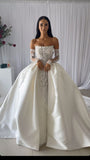 Modest Wedding Dress Ball Gown Strapless White Satin Long Wedding Dresses Brides Dress Bridal Gowns With Gloves HZ1214