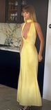 Classy Sheath V Neck Yellow Satin Prom Dresses Formal Summer Wedding Guest Dresses Wedding Guest Outfit HZ1214