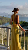 Classy Sheath V Neck Yellow Satin Prom Dresses Formal Summer Wedding Guest Dresses Wedding Guest Outfit HZ1214