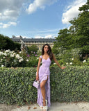 Sexy Sheath Chiffon Lilac Long Prom Dresses Formal Summer Wedding Guest Dresses Wedding Guest Outfit HZ1214