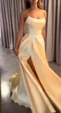 Modest A line Strapless Yellow Slit Satin 20th Birthday Dress Prom Dress 18th Birthday Outfits For Women HZ1214